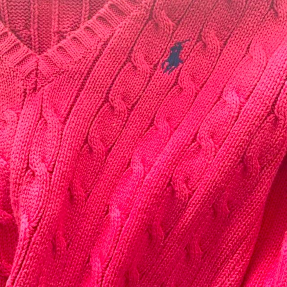 Polo by Ralph Lauren Women's V-Neck Cable Knit Sweater - Hot Pink with Navy Pony